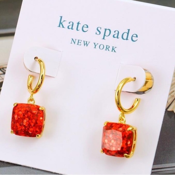 Kate Spade ♠️ New York huggie hoop red glitter drop n dangle earrings - Picture 5 of 7